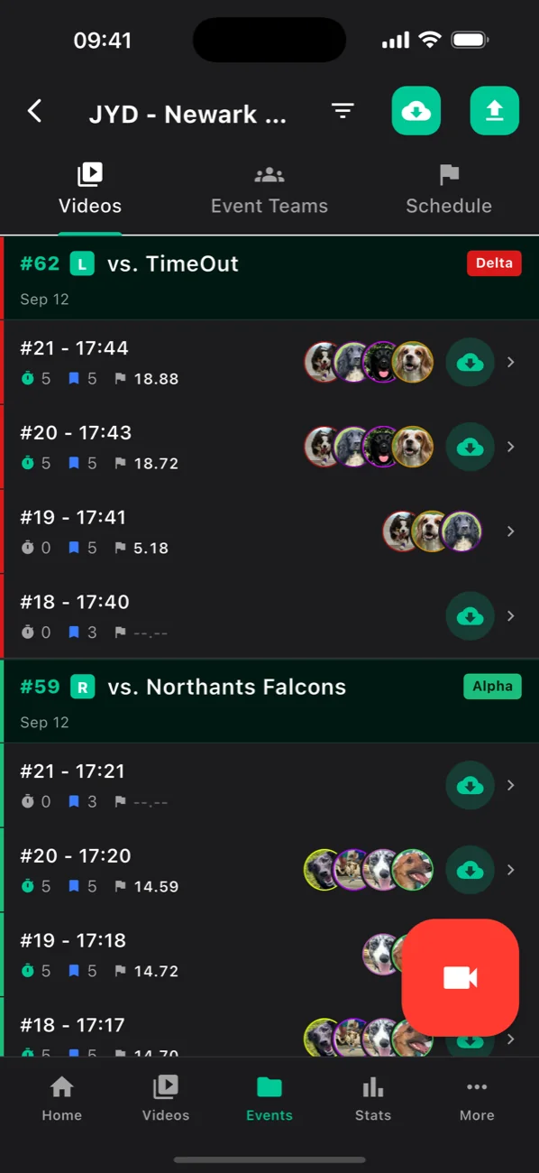Event videos grouped by race, showing the dogs that ran and each run's net time